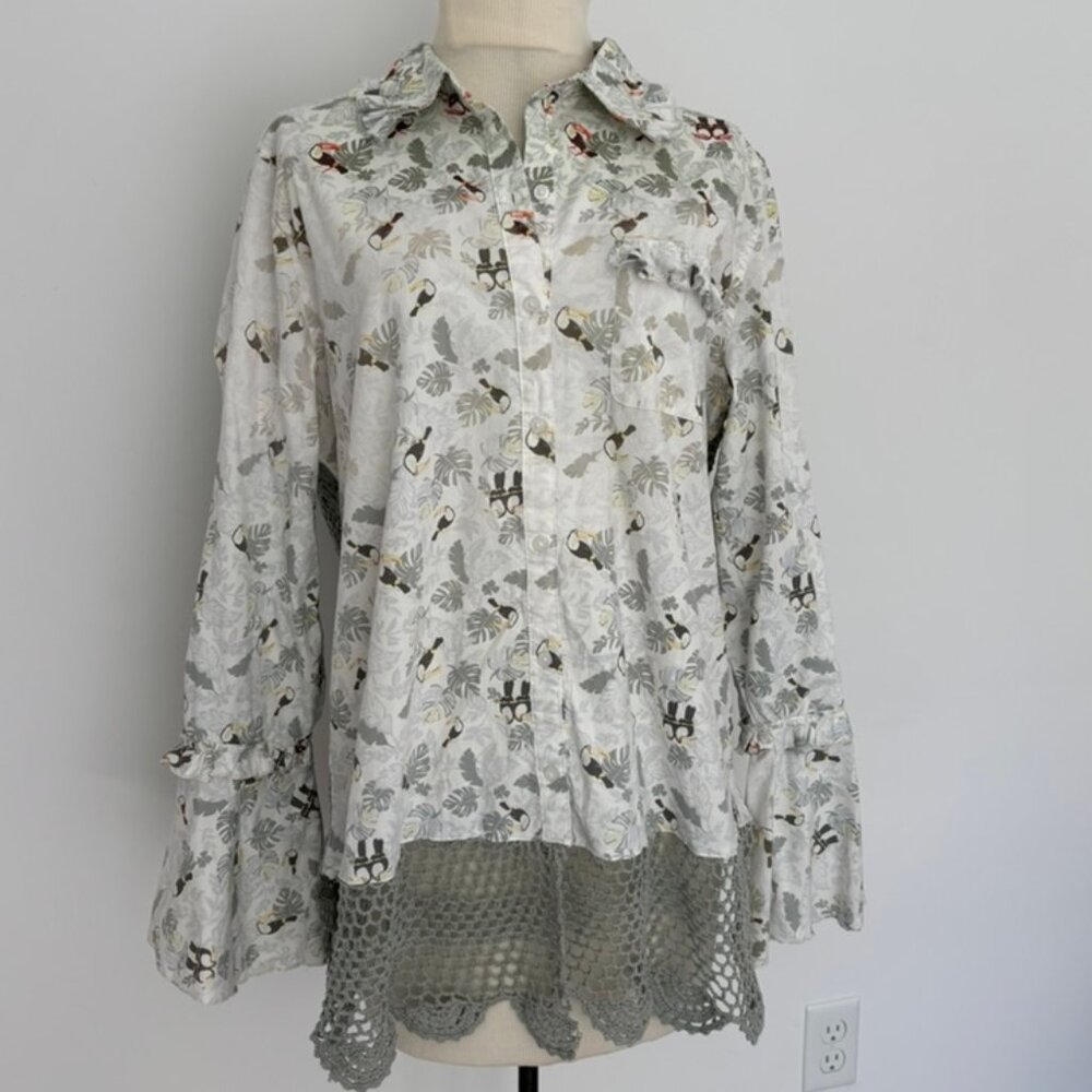 Upcycled reimagined toucan print shirt with lace back bell sleeves
